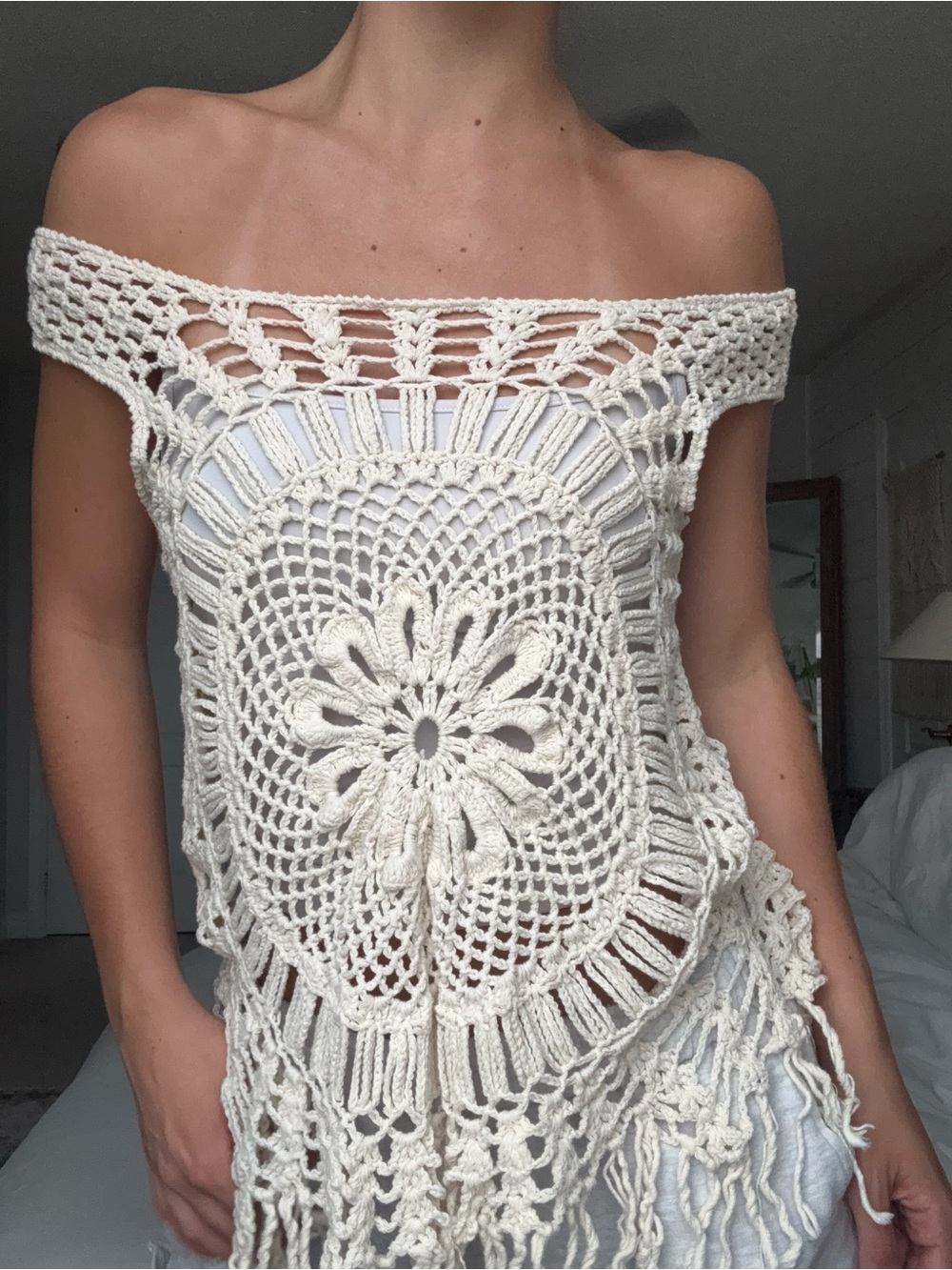 Crochet Off-Shoulder Fringe Top in Cream